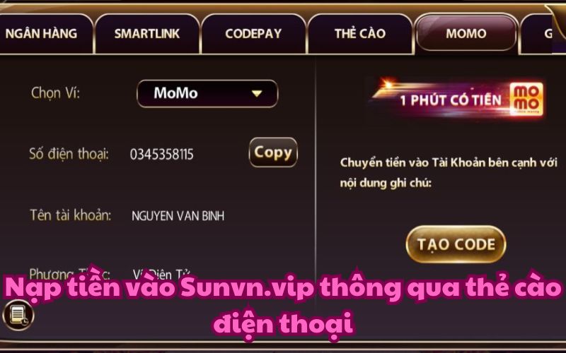 Tại Sunwin, quy trình nạp tiền qua thẻ cào điện thoại trở nên dễ dàng hơn bao giờ hết