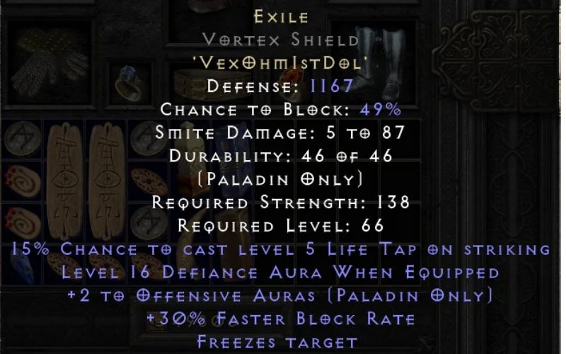 Exile là Runeword dành riêng cho Paladin, vì nó yêu cầu một chiếc khiên có 4 lỗ và có thuộc tính Paladin Only