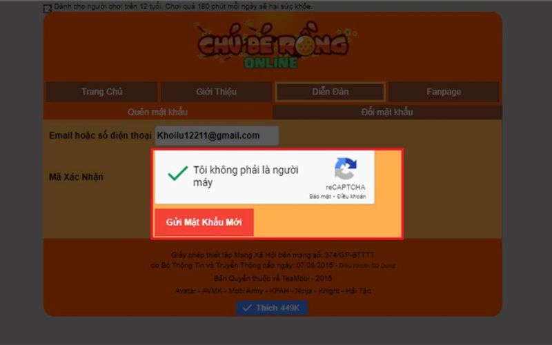 Sau khi nhập đầy đủ thông tin số điện thoại/email, bạn bấm vào nút “Gửi mật khẩu mới